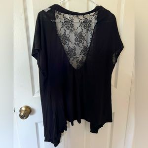 Black Lightweight Open Front Cardigan with See-through Lace Back & Pockets